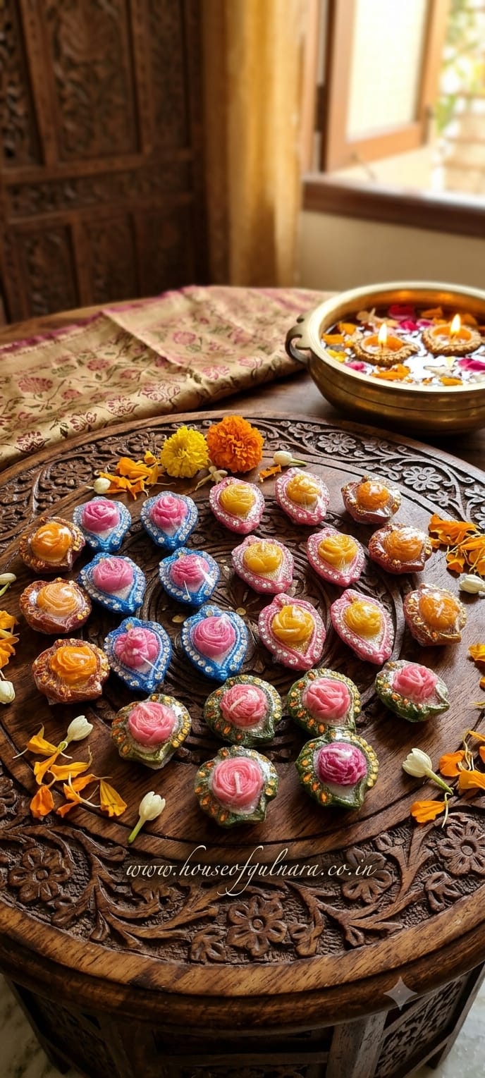 Heavy Stone with Flower-Coloured Candles Diya